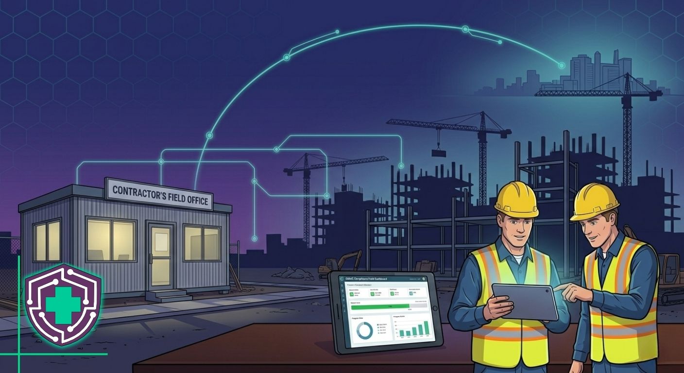 Construction job site at dusk with connected field technology