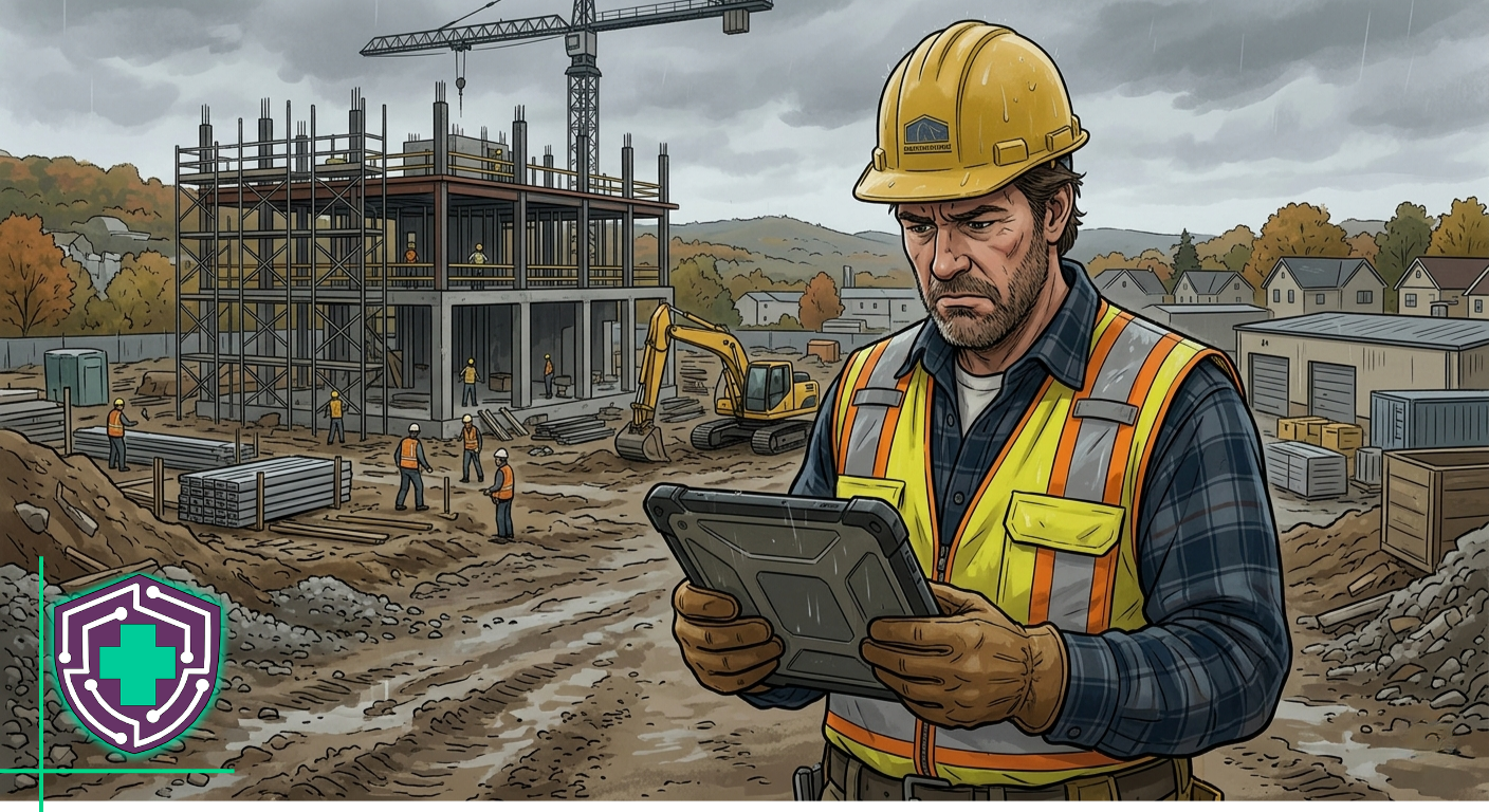 Foreman on rainy job site struggling with tablet