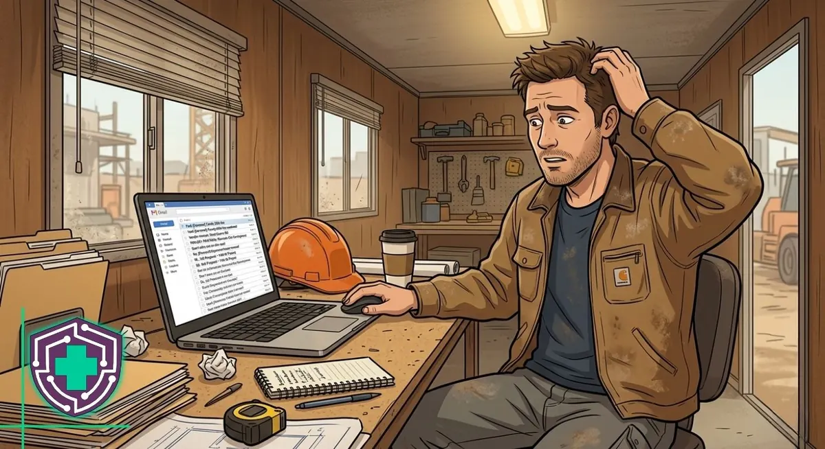 Contractor reviewing a business email proposal on a laptop