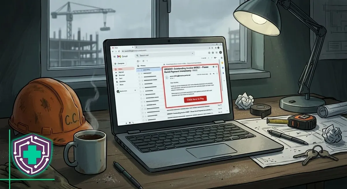 Phishing email visible on a contractor's laptop at a job site desk
