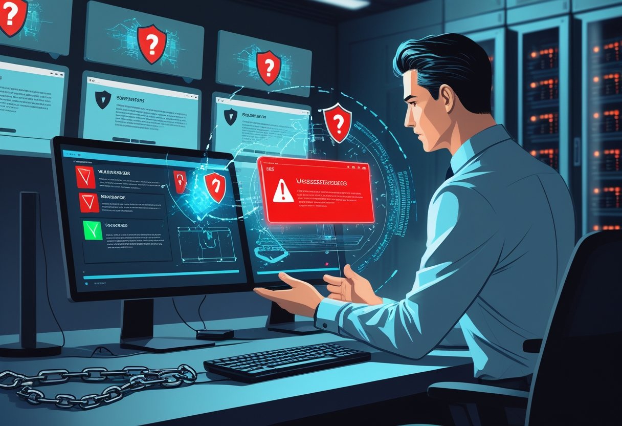 IT professional monitoring security alerts on multiple screens