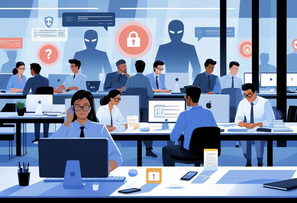 Employees working on computers with cybersecurity threat indicators