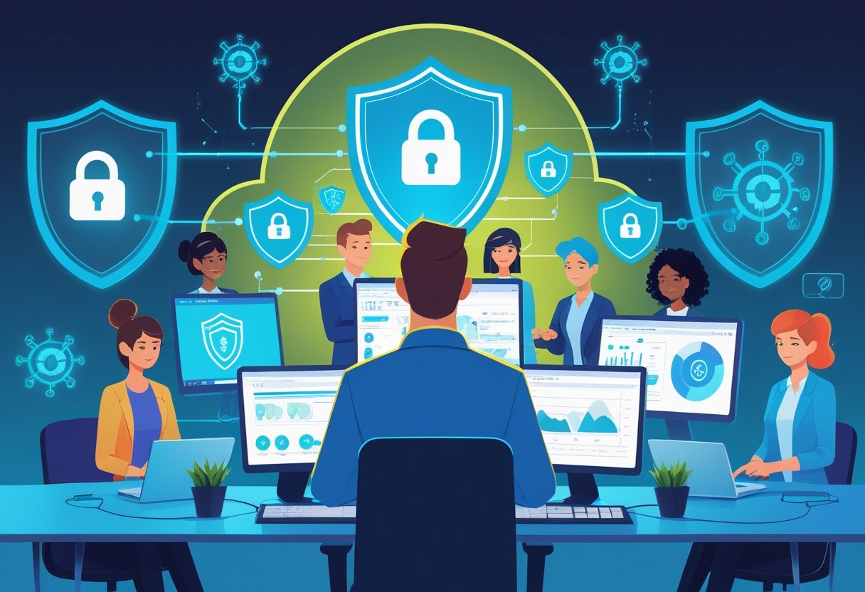 Small business team working on computers with active cybersecurity monitoring