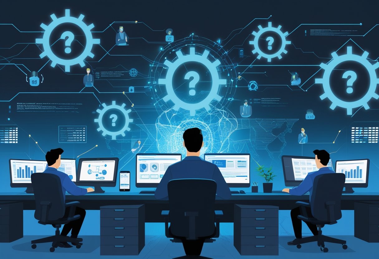 Network security team monitoring threats across connected systems