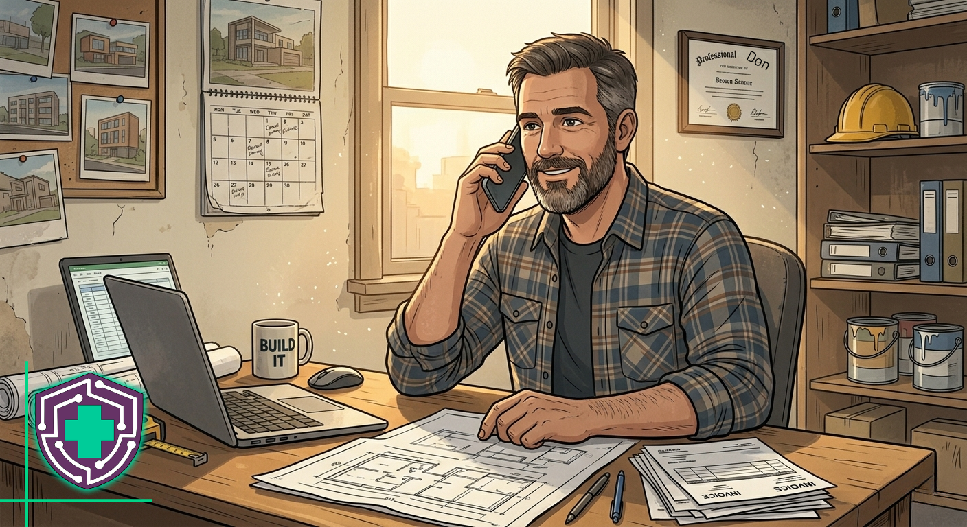 Contractor at desk on a phone call