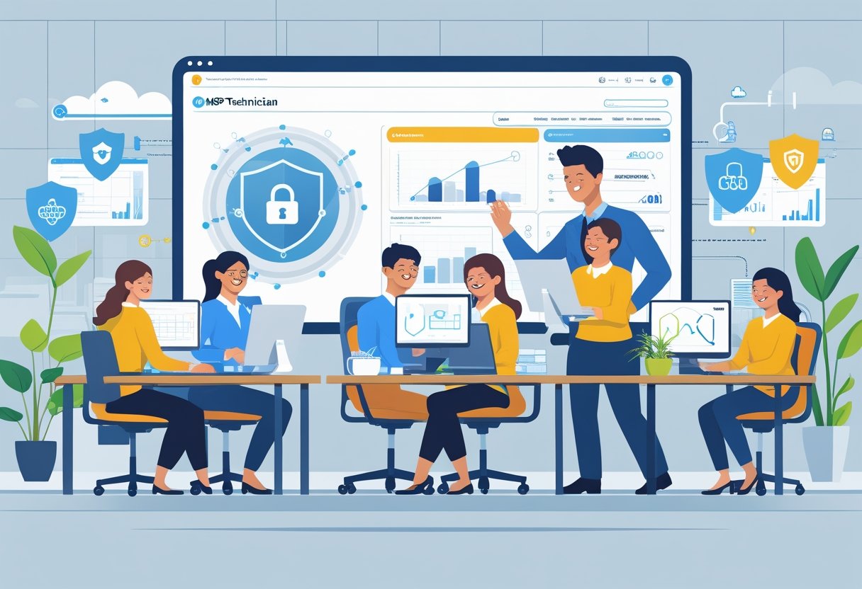 IT technician reviewing security and monitoring dashboards for business