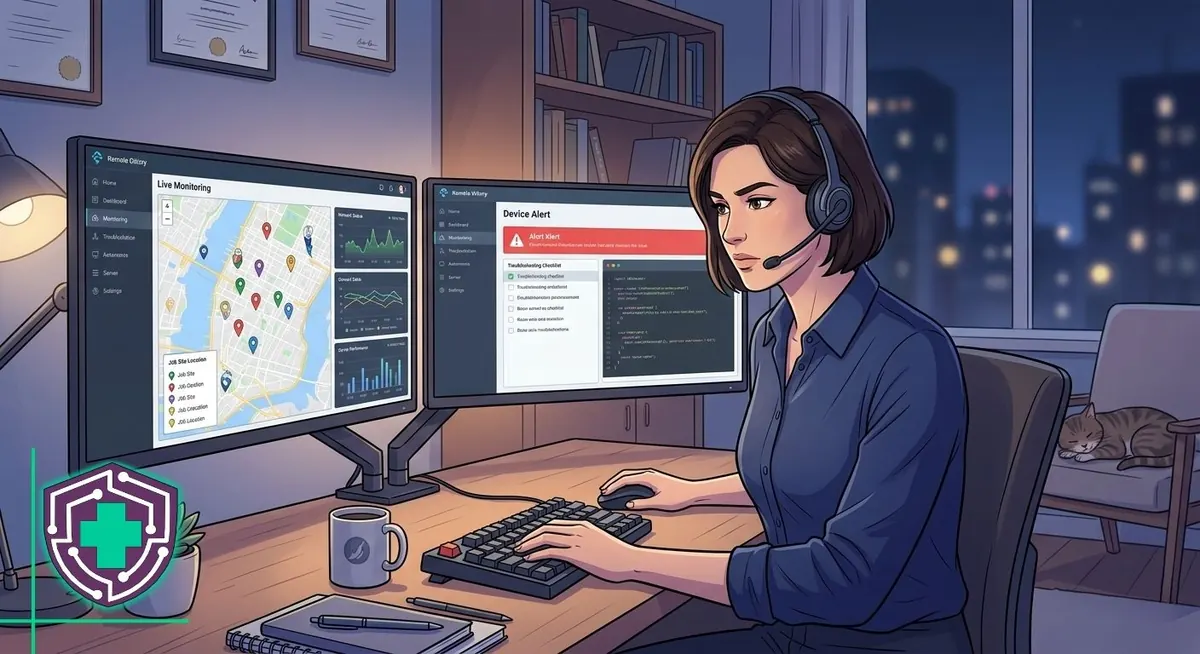 IT technician reviewing security and monitoring dashboards for business