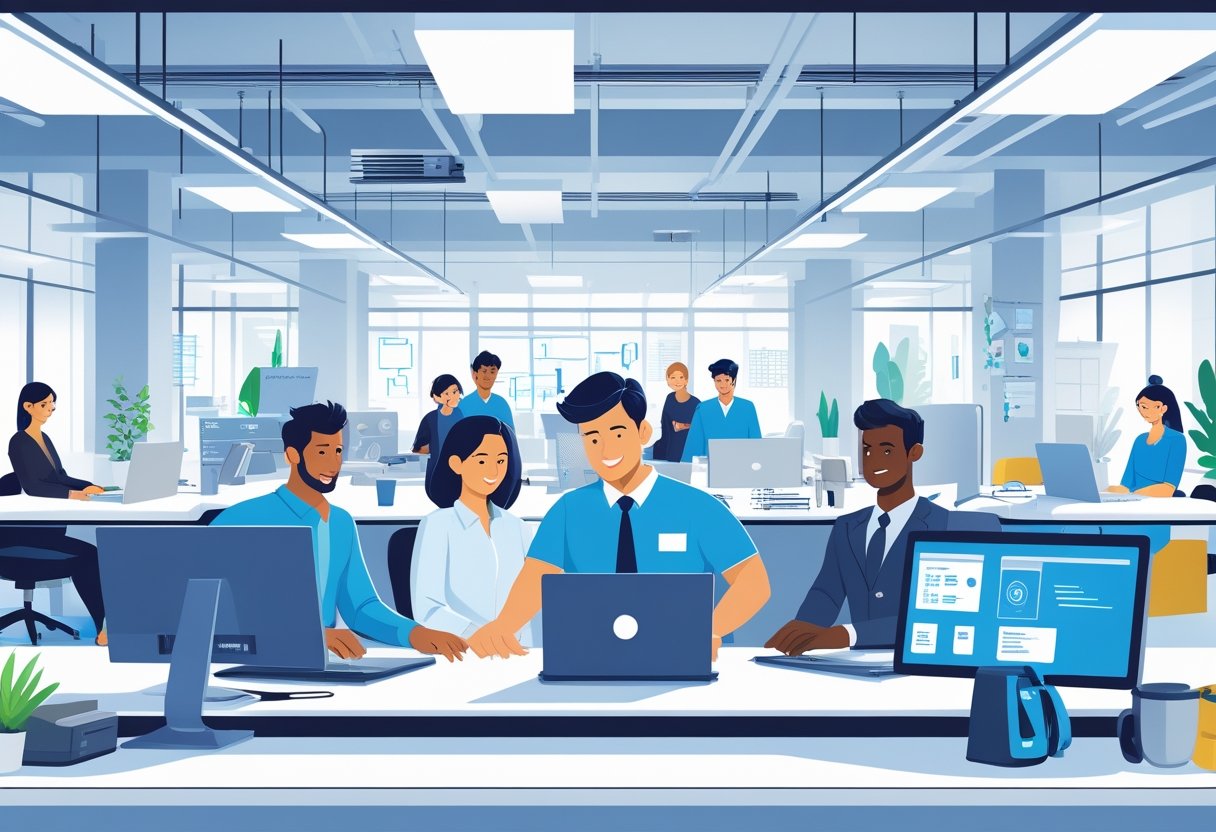 Business team collaborating at workstations with IT support