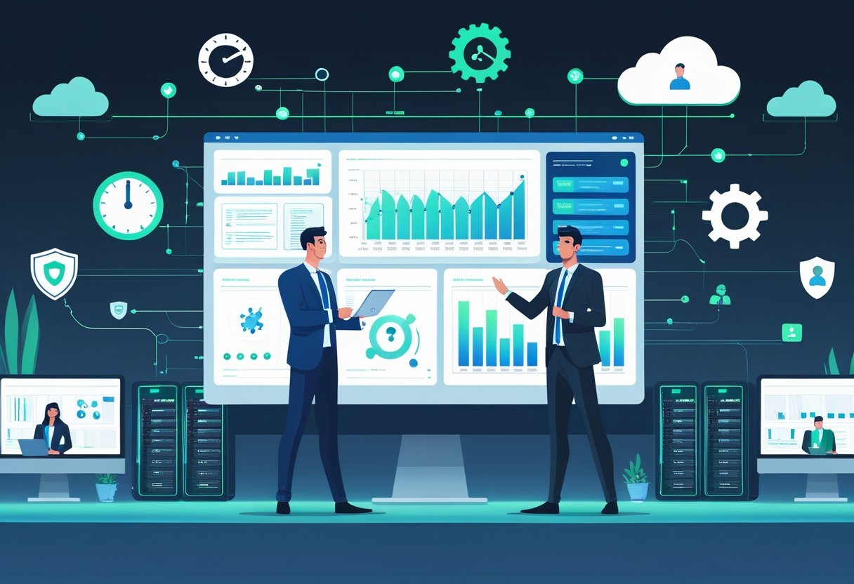 IT professionals reviewing managed services dashboard and analytics