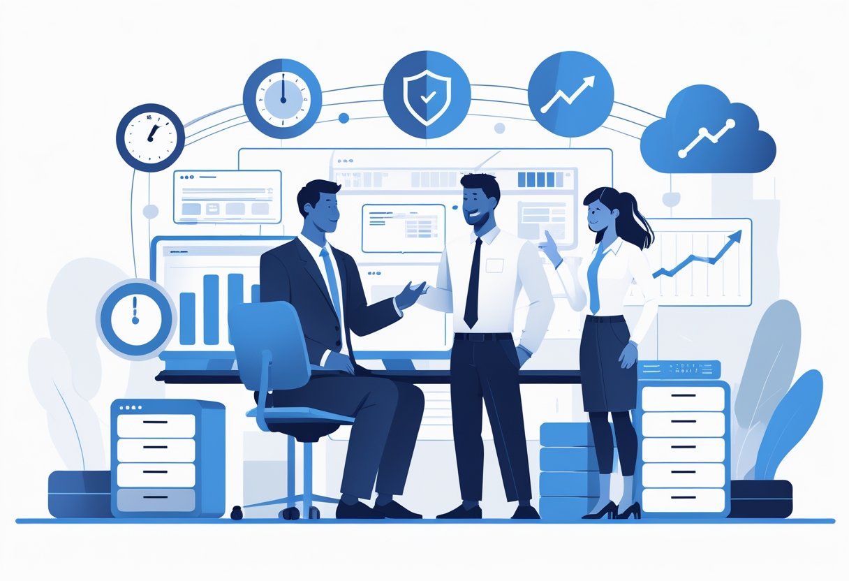 Business meeting with IT service provider discussing technology solutions