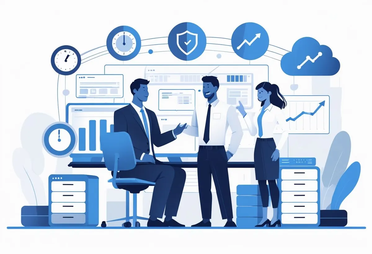 Business meeting with IT service provider discussing technology solutions