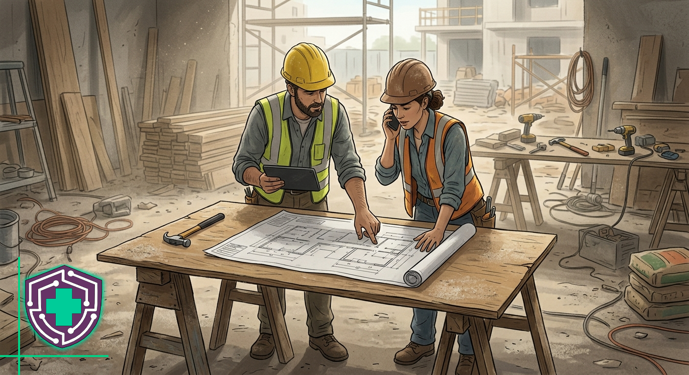 Two workers on a construction site, one on the phone, reviewing paper plans
