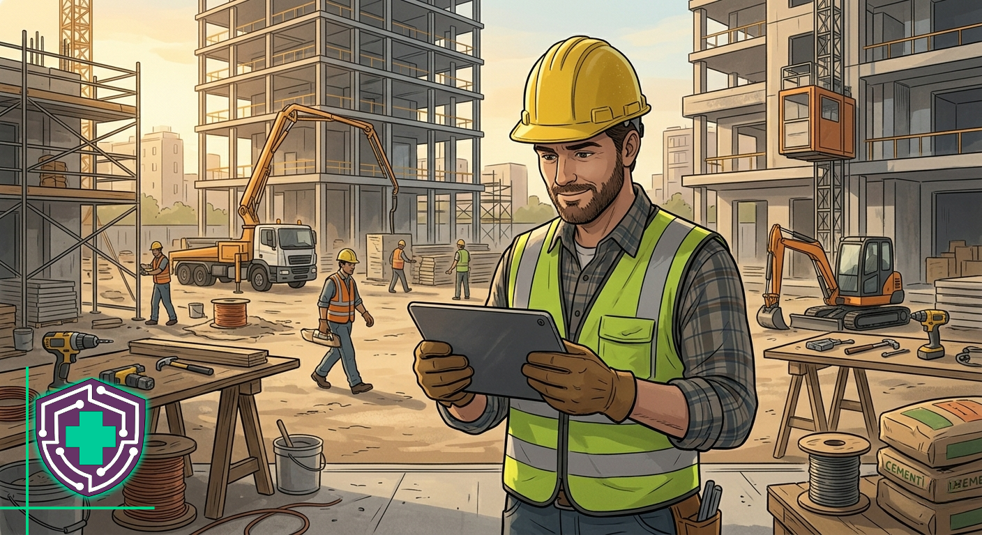 Construction worker confidently using tablet on an active job site