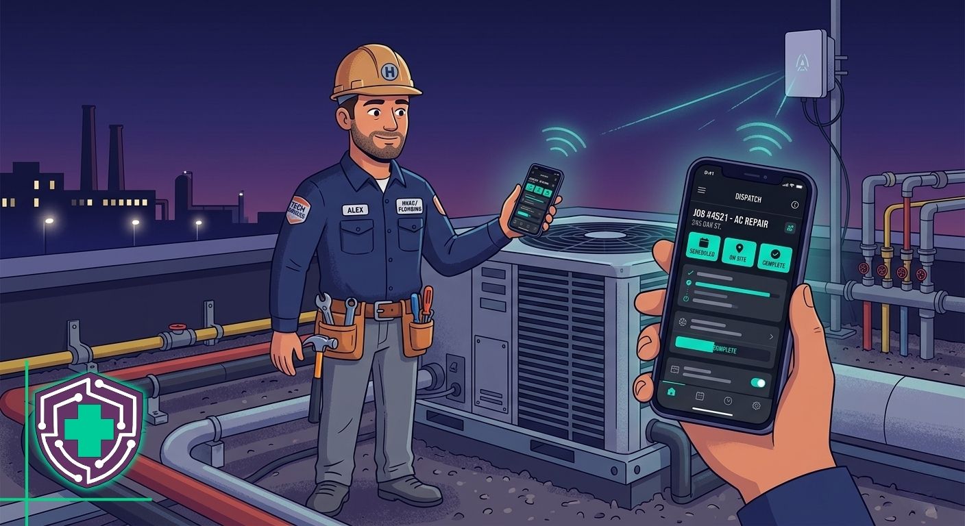 Plumbing and HVAC technician with field dispatch technology